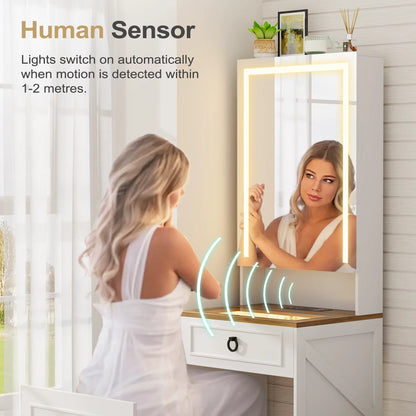 3-in-1 kaptafel met LED-spiegel en opbergkruk